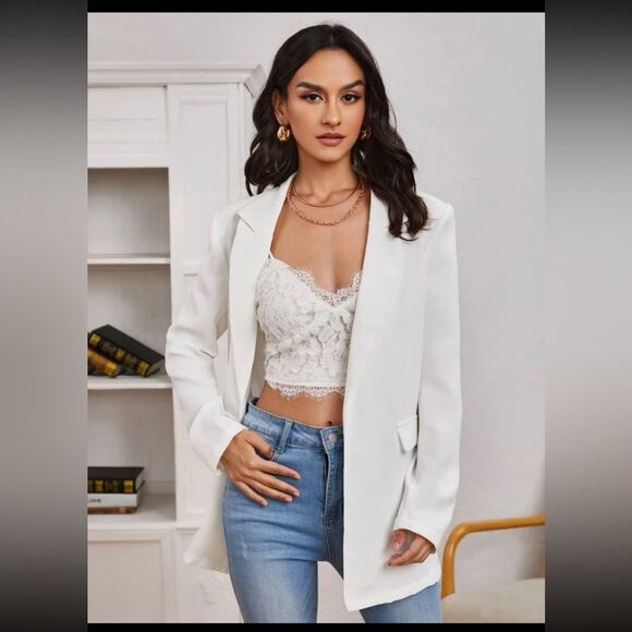 SHEIN Privé Peak Collar Flap Detail Solid Blazer New - Picture 5 of 13